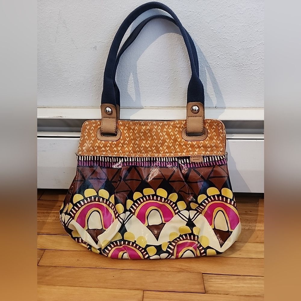 Fossil Key Per Hobo Tote Handbag Coated Canvas Geometric Hippie